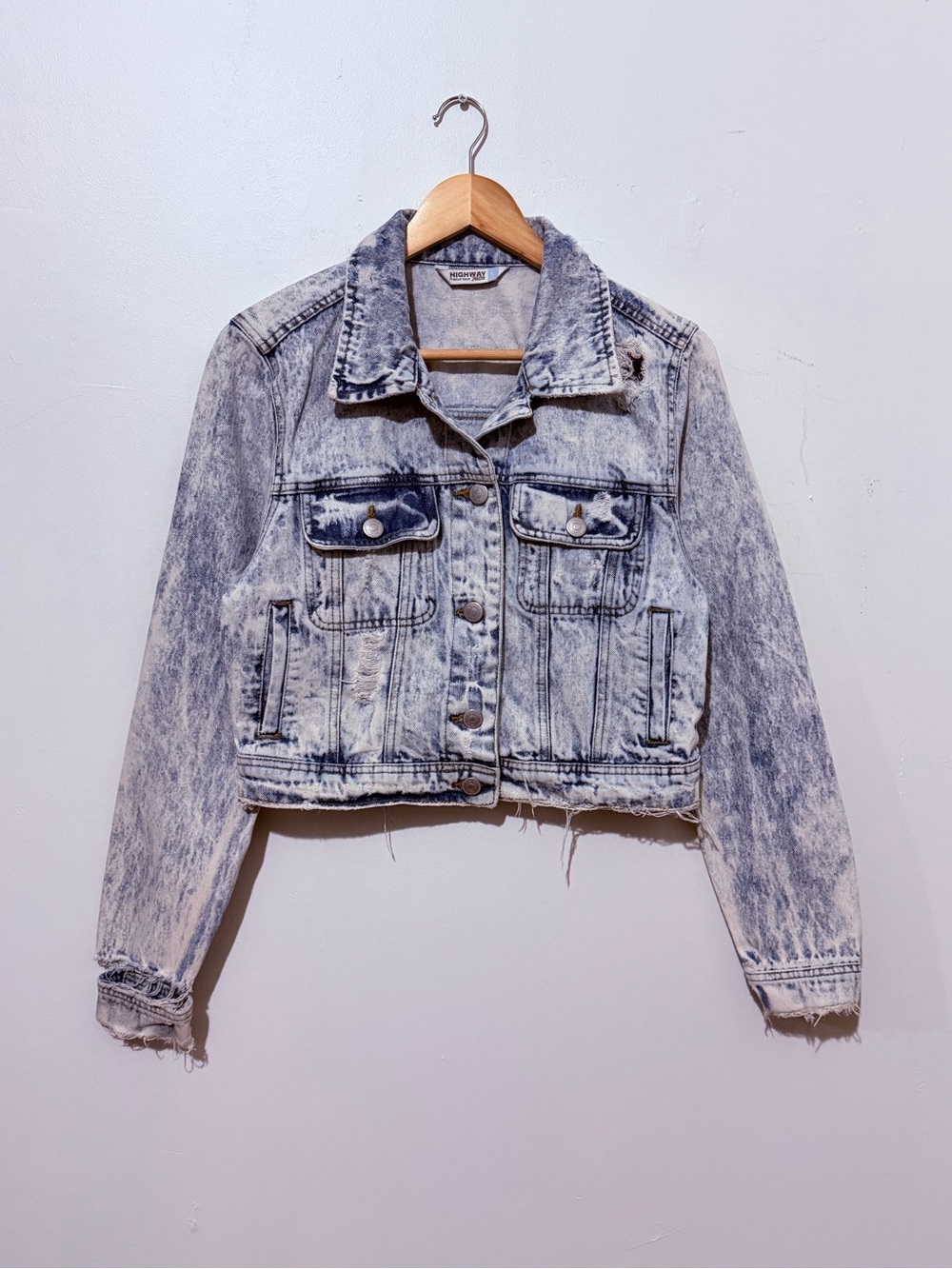 Highway Jeans Acid-Wash Cropped Denim Jacket - Blue/White